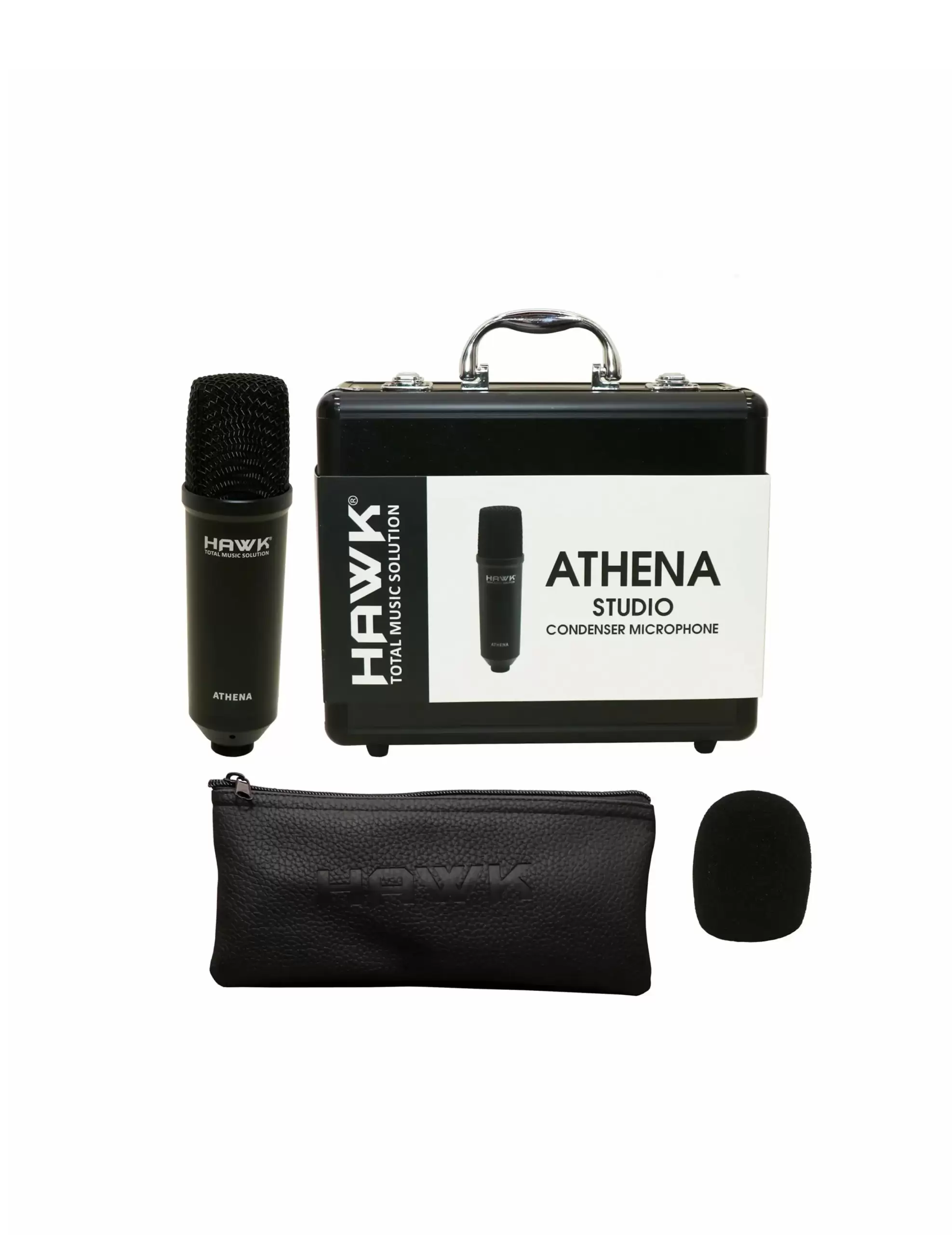 Hawk Studio Starter Kit with Athena condenser microphone, HD300 headphones, HXFPLU03 cable, and Sound Mix Mini USB mixer