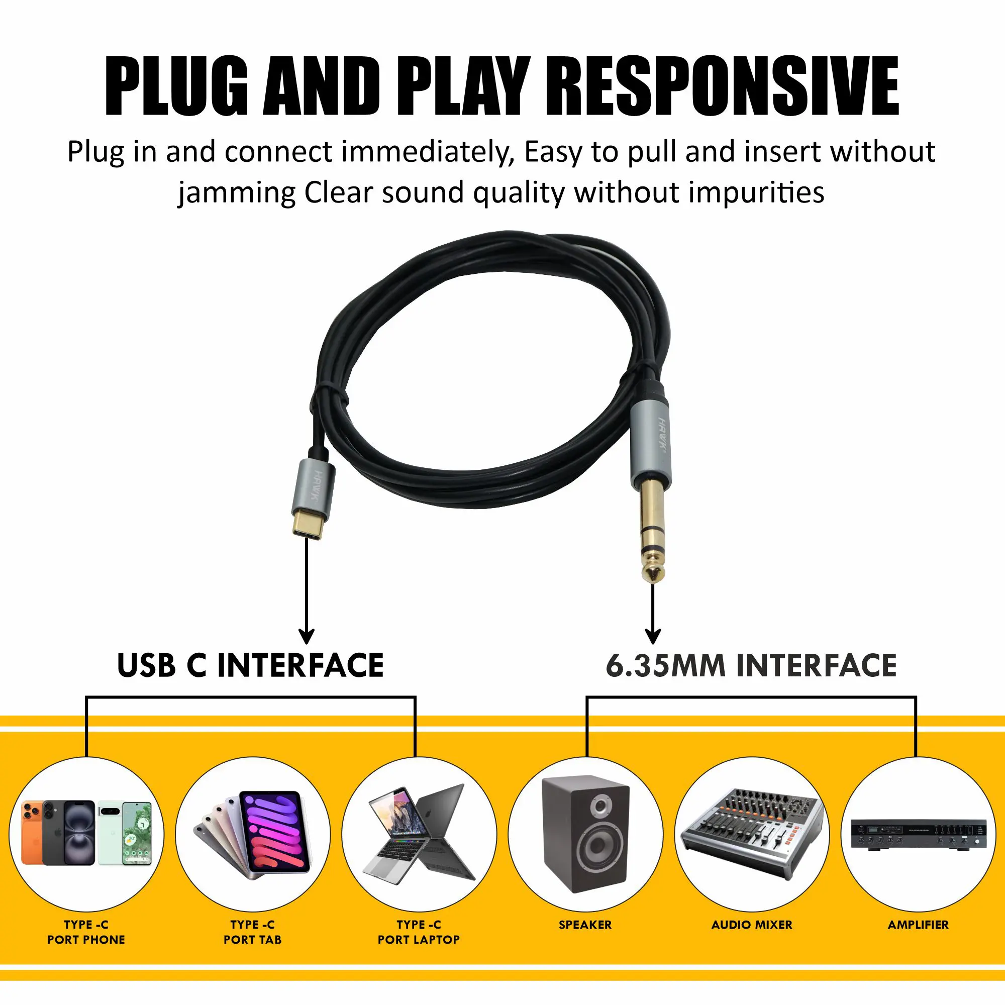 Hawk HCTLU01.8 Type-C to 6.35 mm TRS Male Cable Black