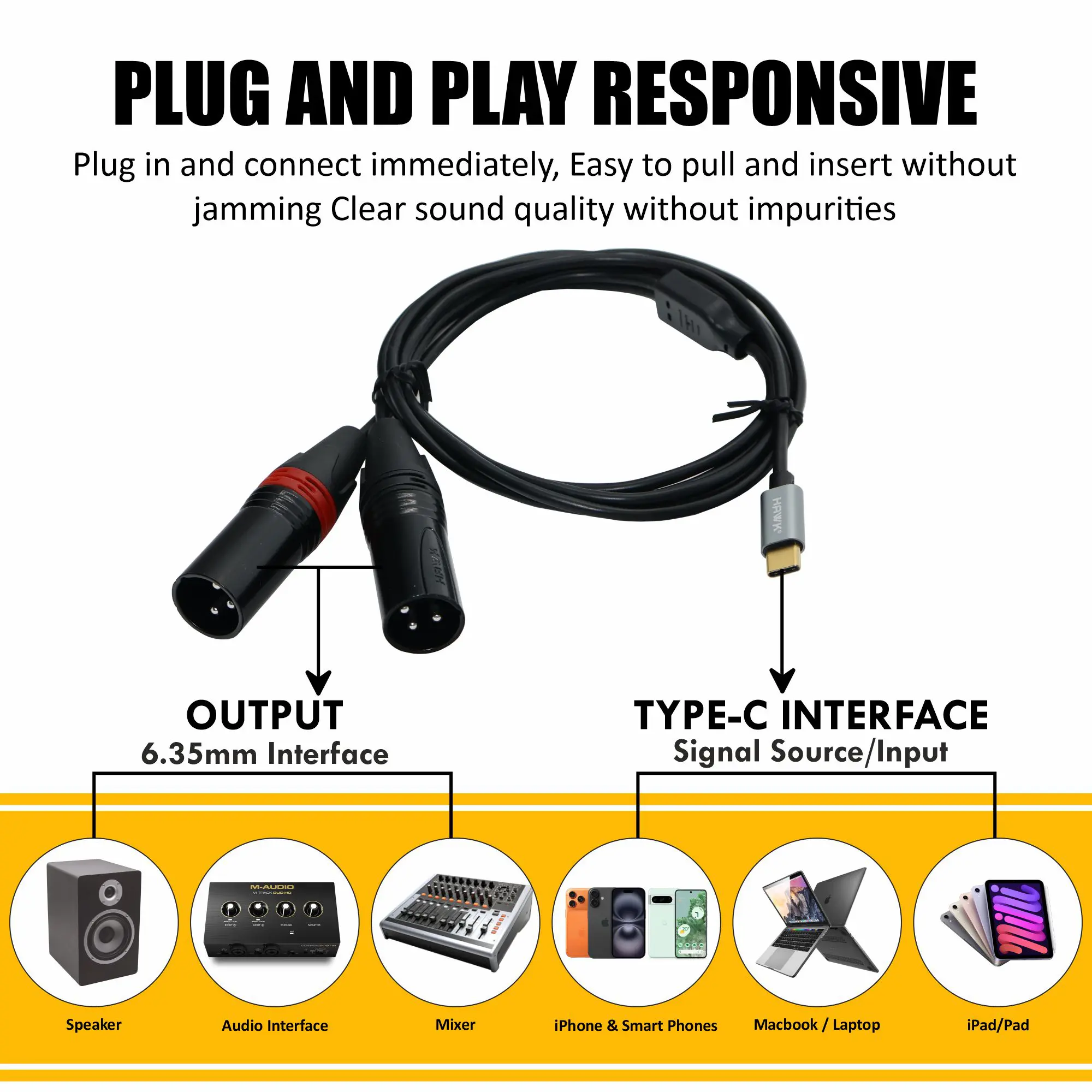 Hawk HC2XMLU01.8 Type-C to Dual XLR Male Cable Black