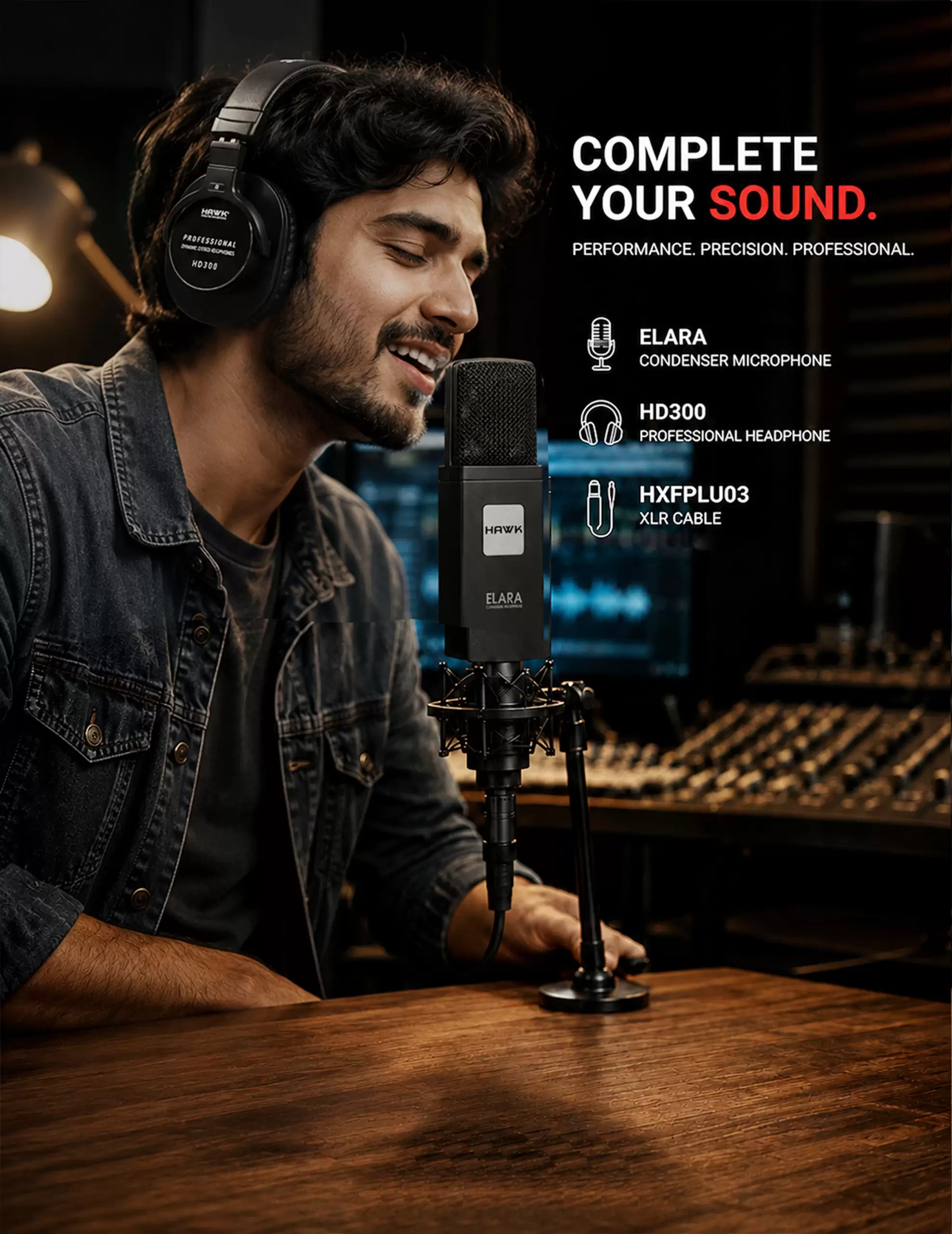 Hawk The Essential Bundle with Elara condenser microphone, HD300 studio headphones, and 3-metre microphone cable