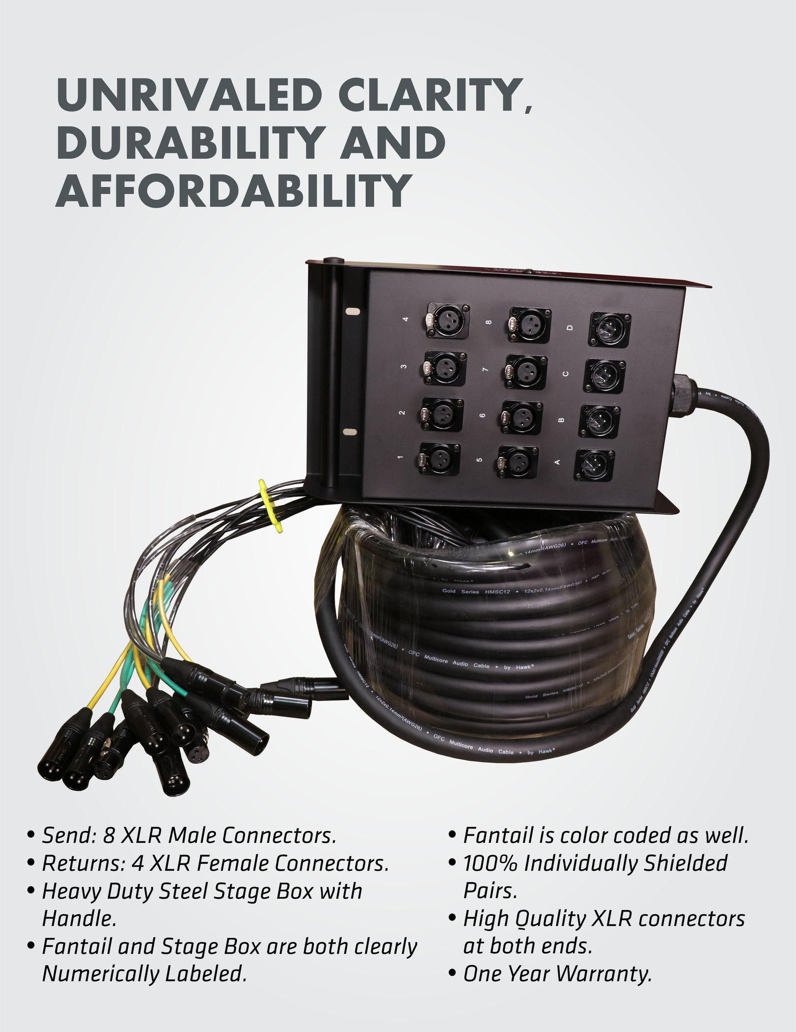 Hawk HSS804LU10 12 channel snake cable with stage box 10 meters
