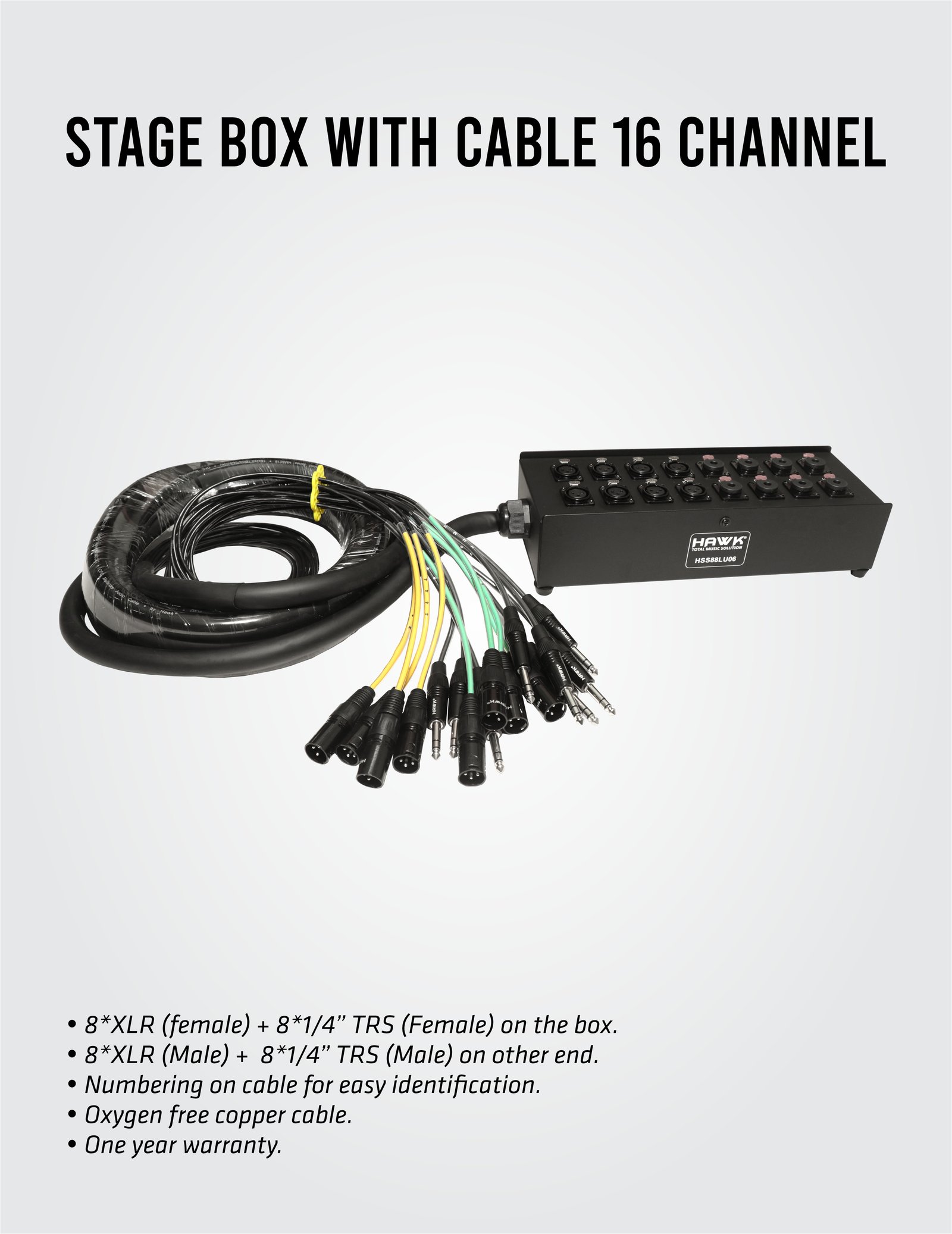 HSS88LU06 16 channel balanced snake cable with 8 XLR male and 8 TRS male connectors, 6 meters