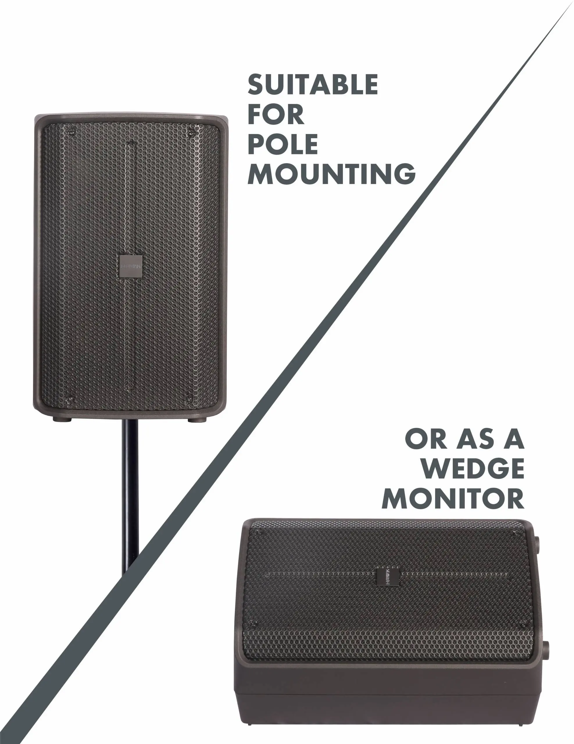 Hawk Pro X-10 10-inch 200W powered loudspeaker with pole mounting and wedge monitor options