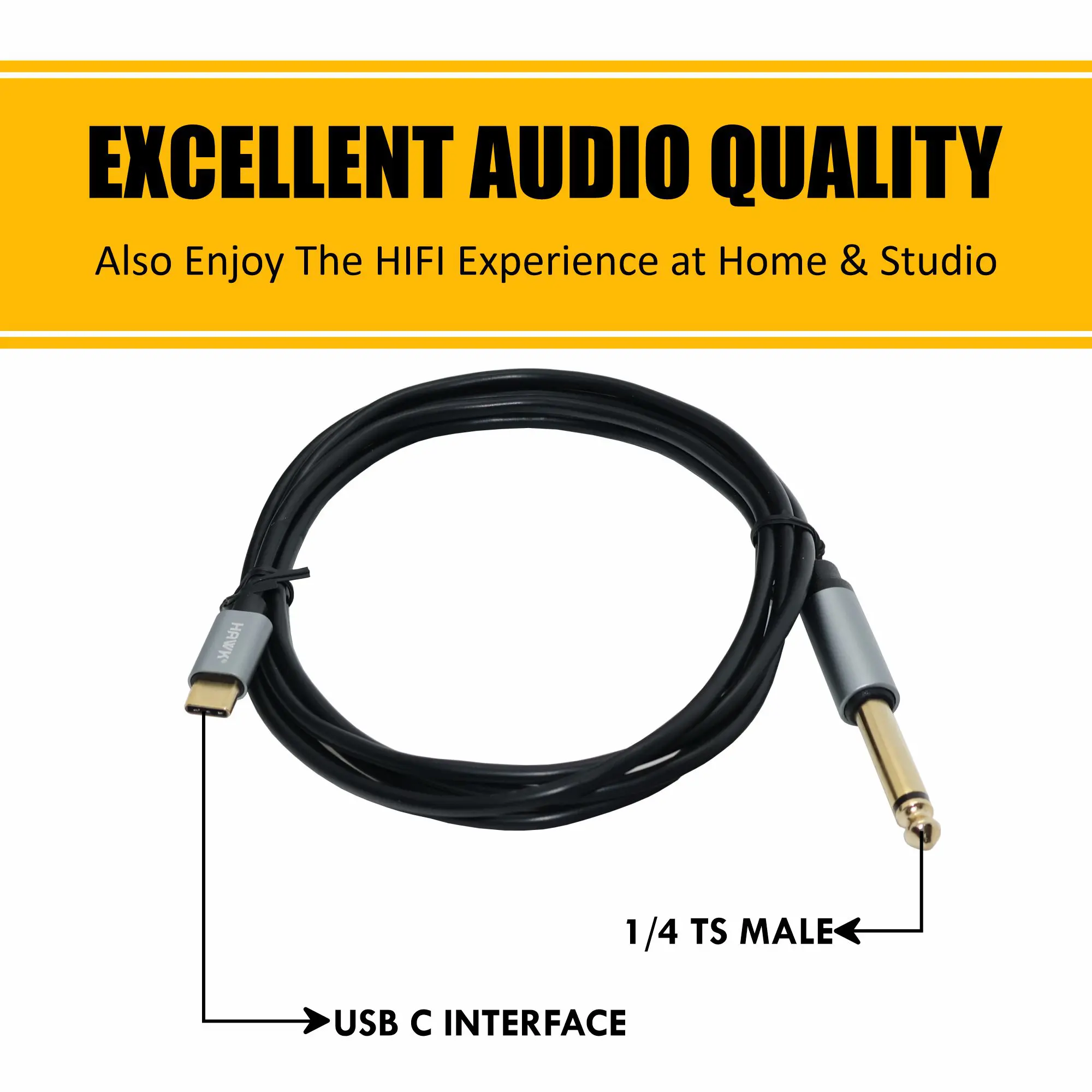 Hawk HCPLU01.8 Type-C to 6.3 mm TS Male Cable Black