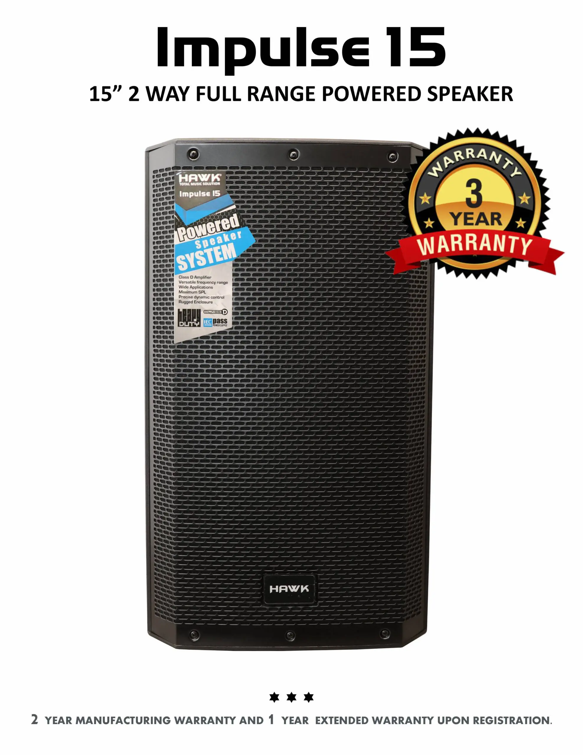 Hawk IMPULSE 15-inch powered speaker with 15-inch woofer, 44 mm PEN diaphragm driver and four DSP presets