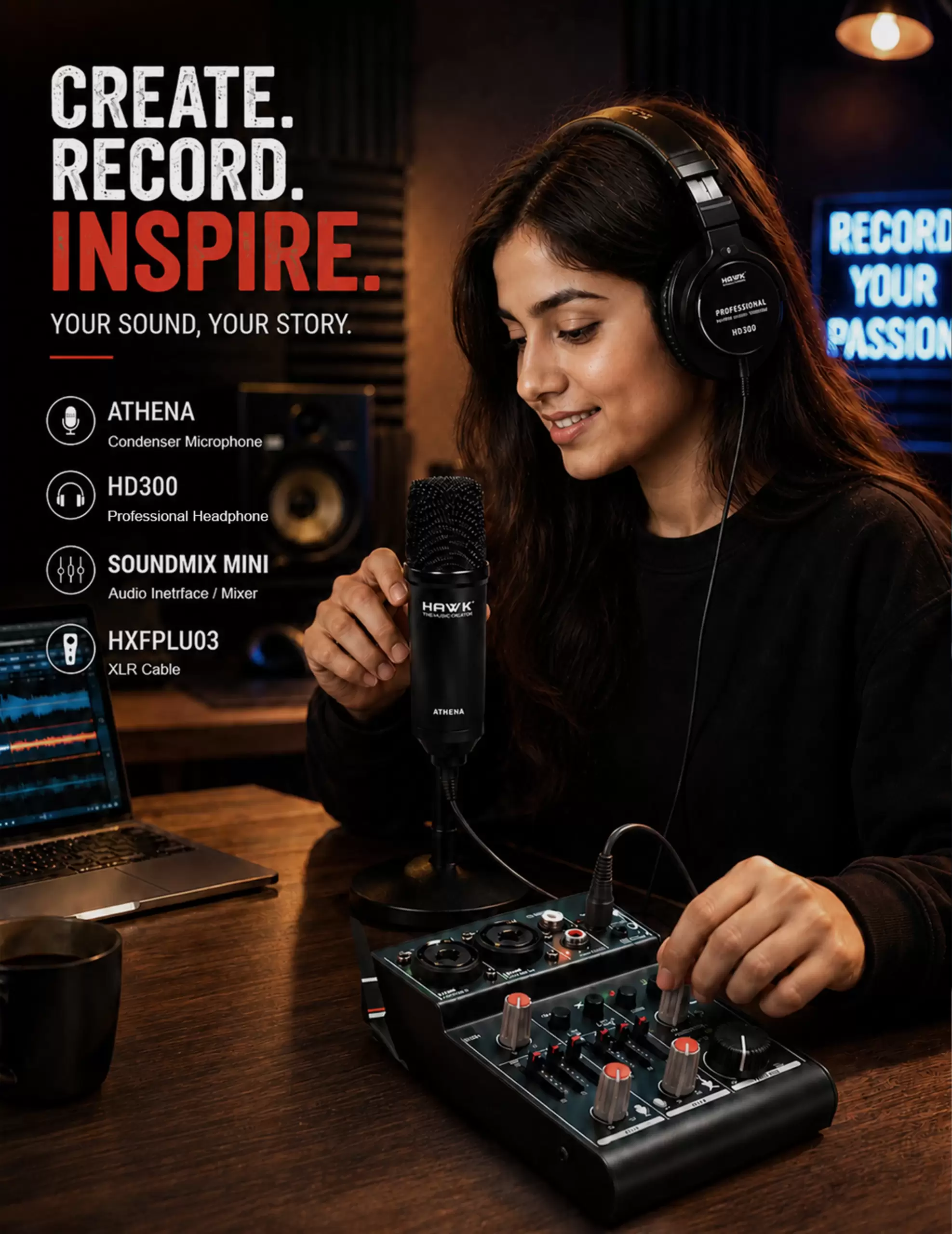 Hawk Studio Starter Kit with Athena condenser microphone, HD300 headphones, HXFPLU03 cable, and Sound Mix Mini USB mixer