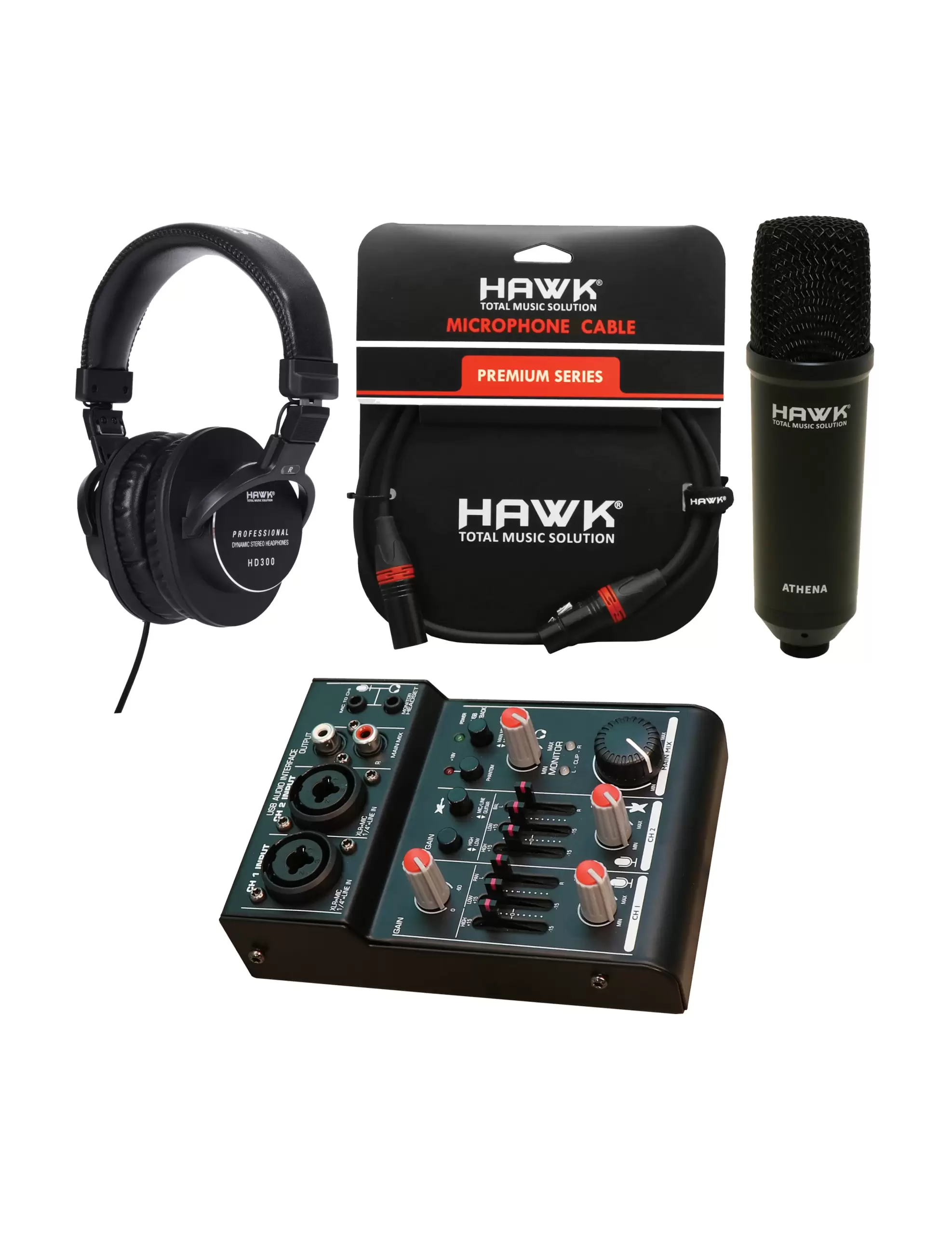 Hawk Studio Starter Kit with Athena condenser microphone, HD300 headphones, HXFPLU03 cable, and Sound Mix Mini USB mixer