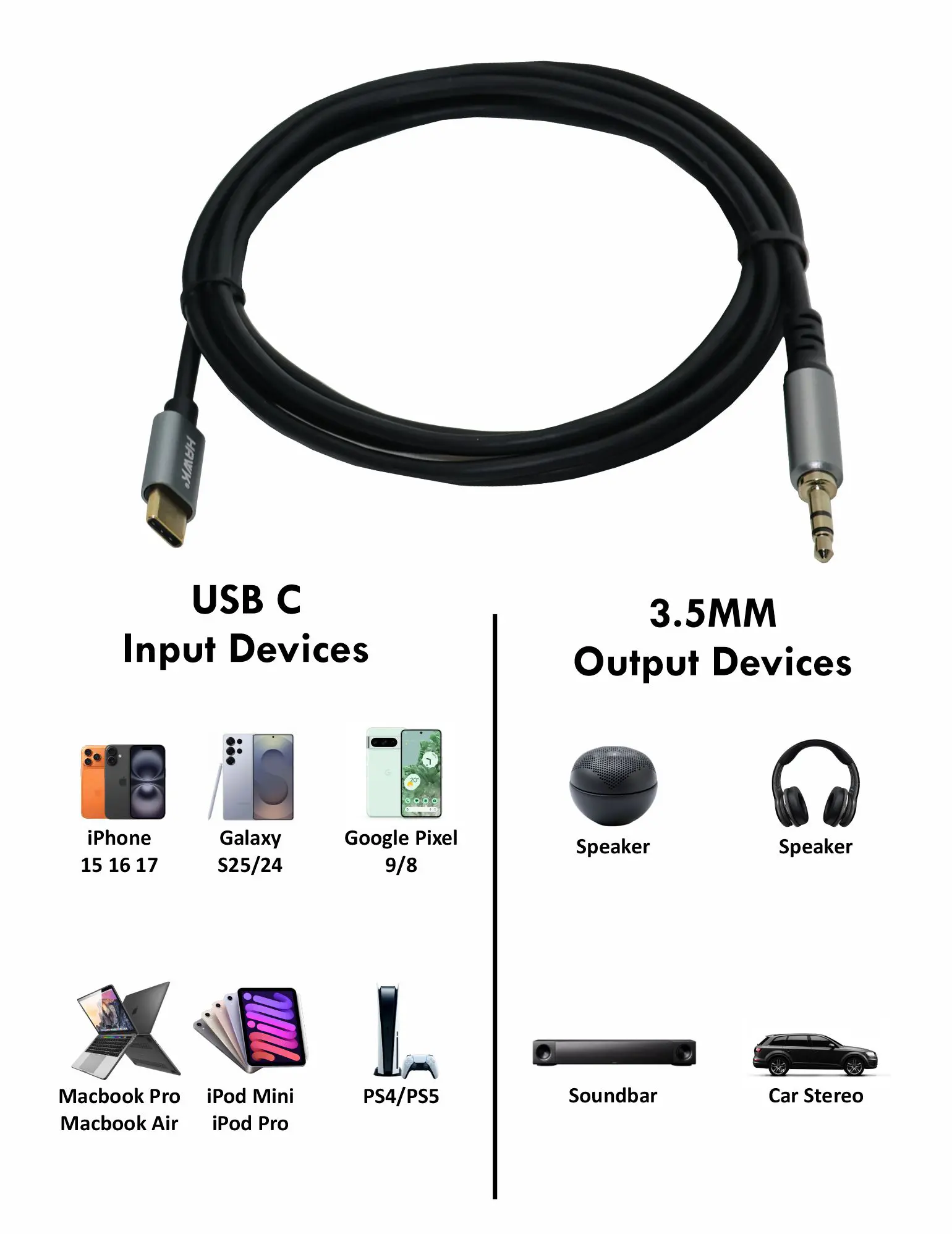 Hawk HCJLU01.8 Type-C to 3.5 mm TRS Male Cable Black