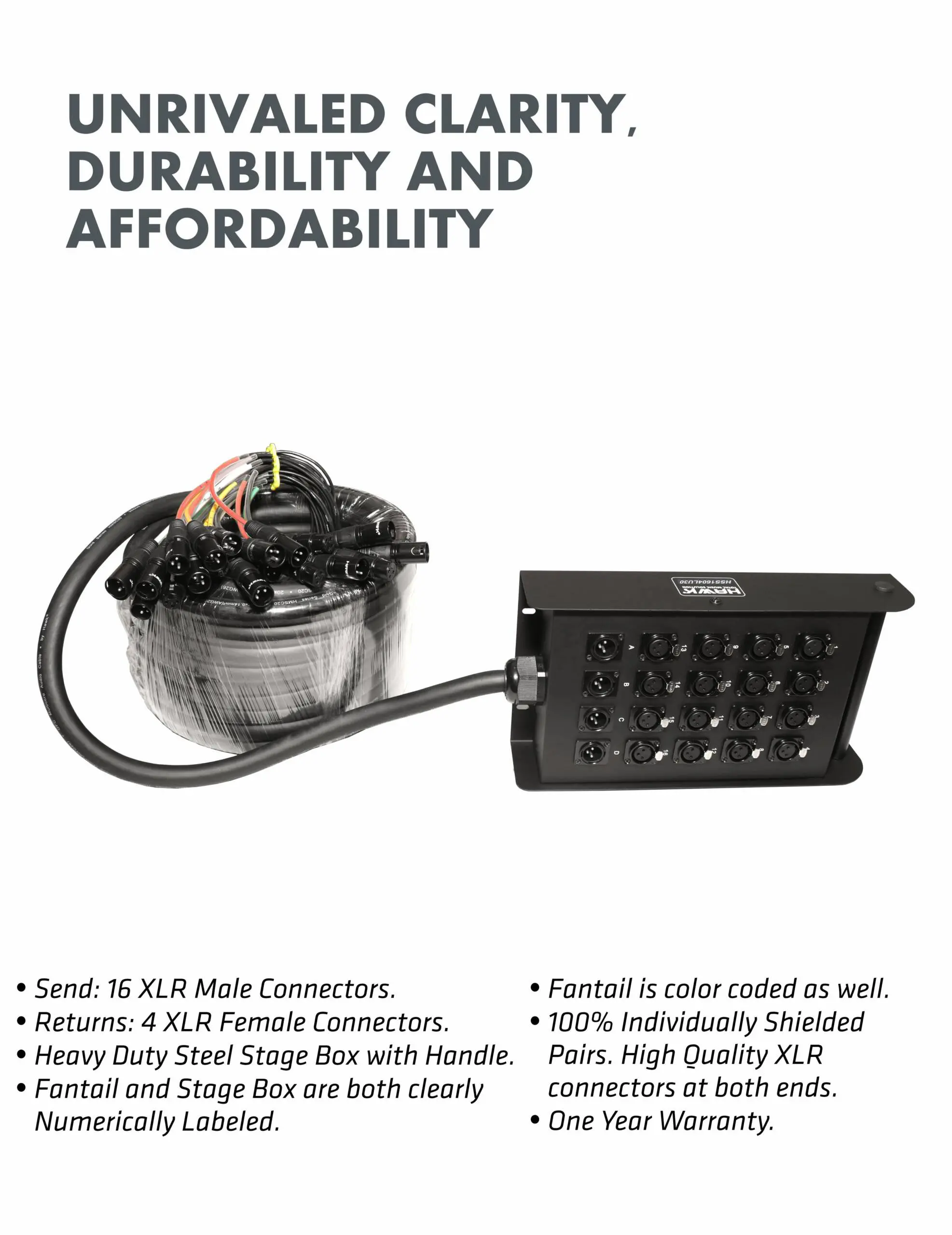 Hawk HSS1604LU30 20 channel snake cable with stage box 30 meters