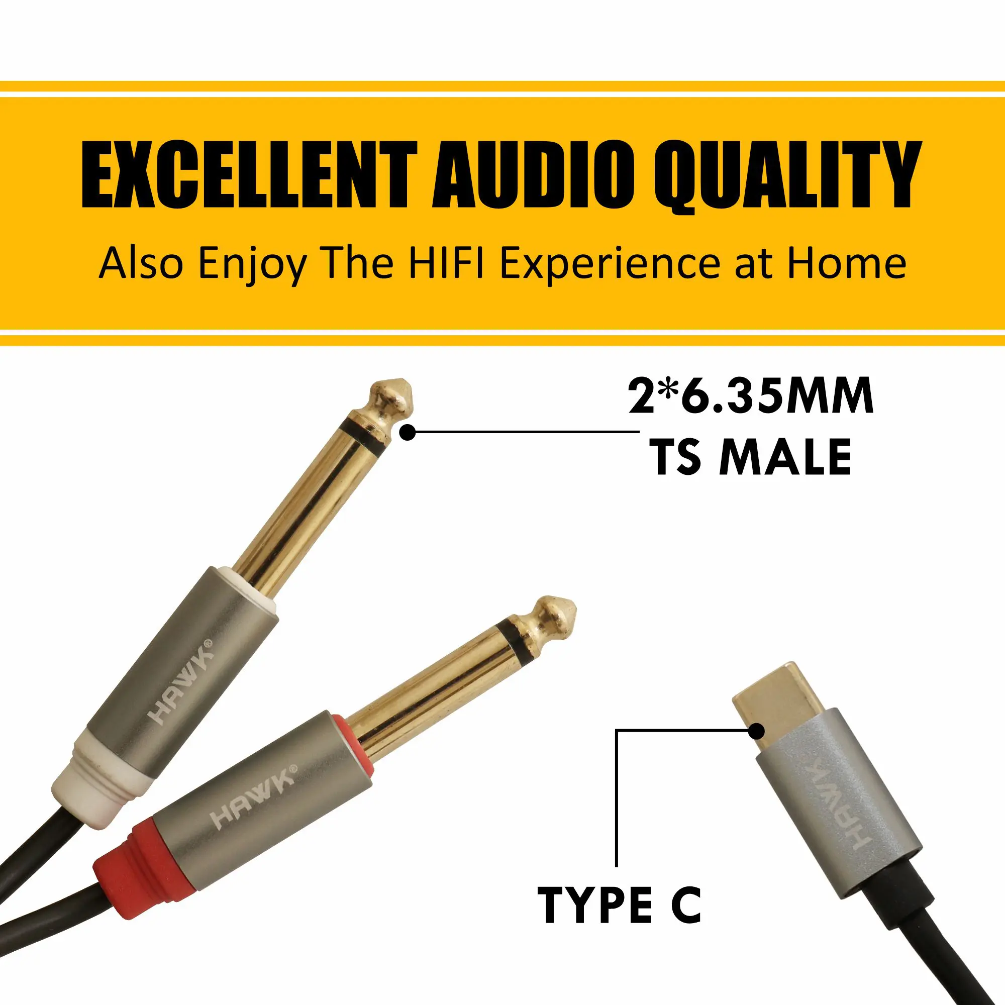 Hawk HC2PLU01.8 Type-C to Dual 6.35 mm TS Male Audio Cable Black